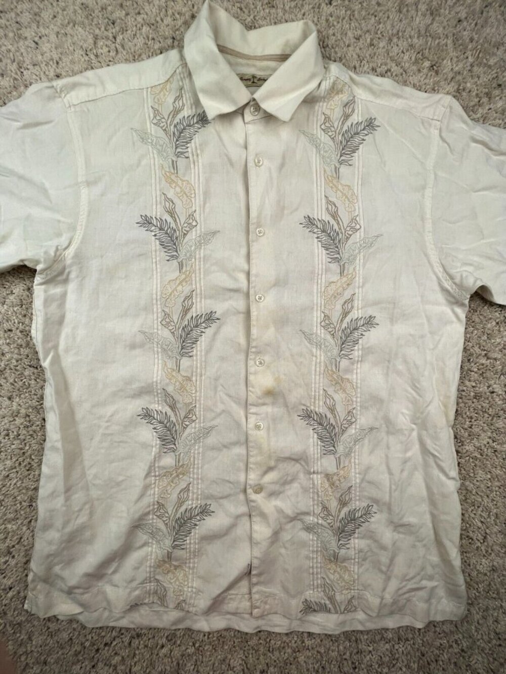 Tommy Bahama Linen Blend Hawaiian Button Up Camp Shirt Luau Floral Ivory Medium
